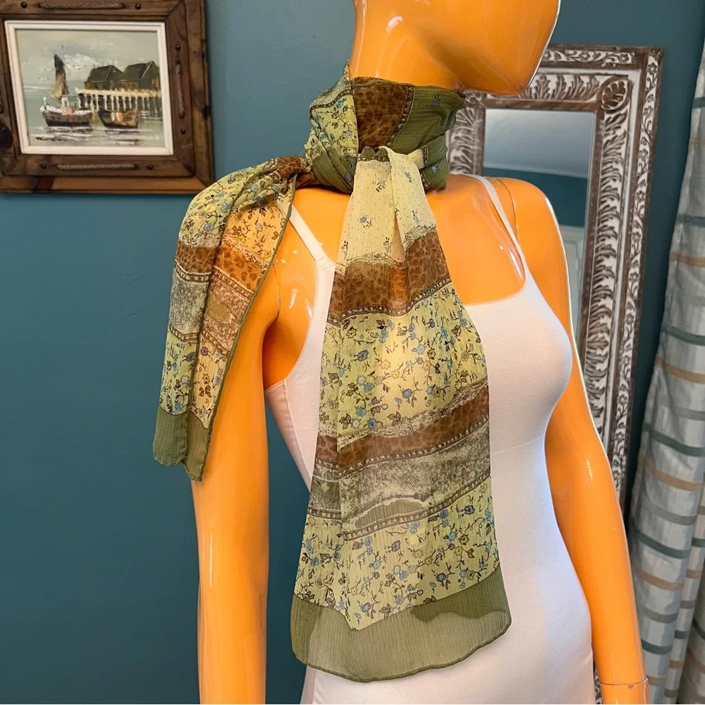 Vintage Extra Long Printed Silk Crinkle Chiffon Scarf